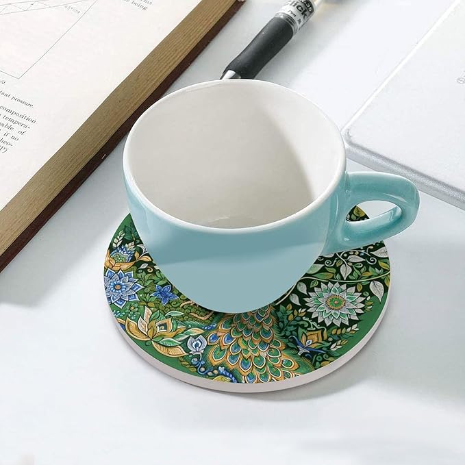 Round-6PCS Peacock Ceramic Coasters, Round Absorbent Drink Coasters, Beautiful Green Plant Floral Peacock Boho Art Pattren Ceramic Table Coasters for Coffee, Beverage, Wine, Beer Coasters