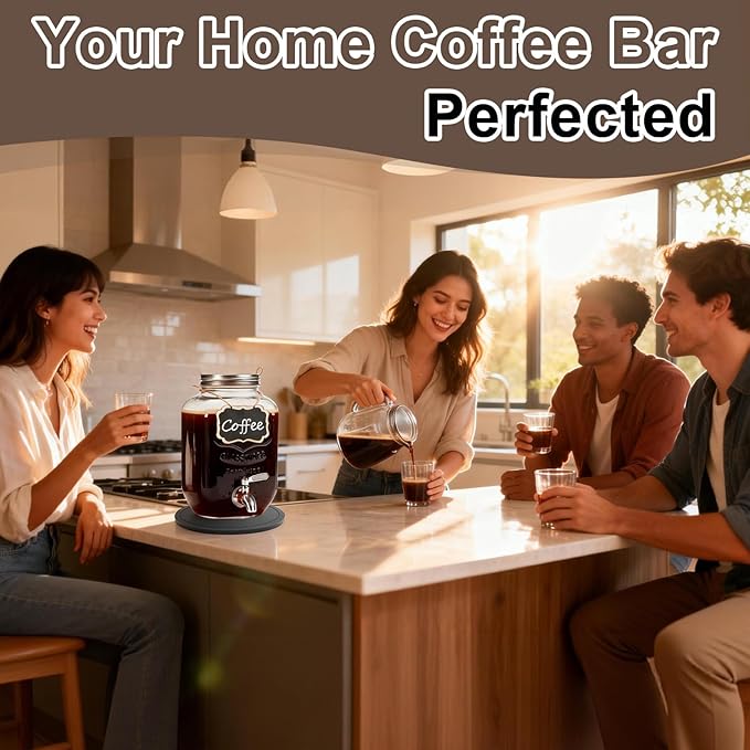 Cold Brew Coffee Maker With Silicone Mat, Cold Brew Pitcher,1 Gallon Glass Pitcher With Stainless Steel Filter,304 Stainless Steel Leak-Proof Spigot,Large Iced Coffee Maker for Home, Easy to Use