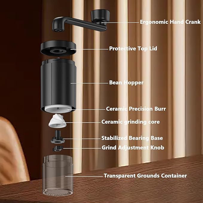 Manual Coffee Grinder with Ceramic Burr, Hand Coffee Bean Grinder with Adjustable Coarseness, Portable Coffee Mill for Espresso, Pour Over, French Press