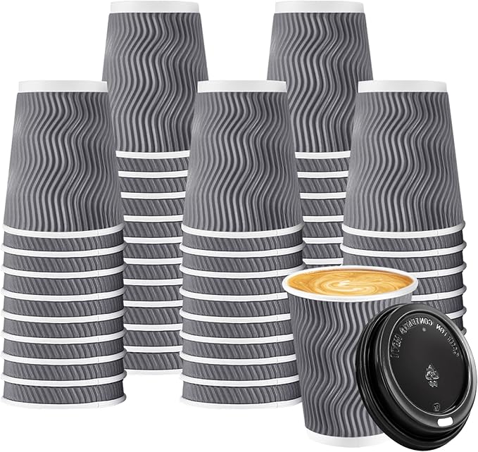 BYSNOW 100 Pack 8 oz Coffee Cups with Lids, Disposable Insulated Hot Cups To Go Paper Coffee Cups, Corrugated Ripple Wall Cup for Hot Drink, Office, Coffee Bar (Grey 8 oz)