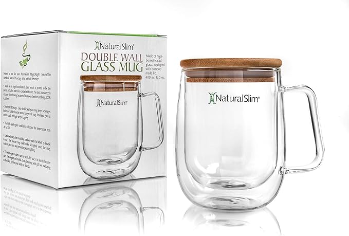 NaturalSlim Double Wall Glass Coffee Mug w/Handle - Insulated Transparent Tea Mugs for Hot & Cold Beverages - Borosilicate Clear Drinking Cup w/Bamboo Made Lid - 400 ml. 13.5 oz.