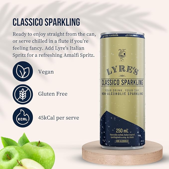 Lyre’s Classico 24-Pack, Non Alcoholic Sparkling Wine, Zero Alcohol Prosecco Alternative, Ready to Drink Canned Mocktails, Low Calorie, Gluten Free, Alcohol Free Drinks (8.45 Fl Oz x 24)