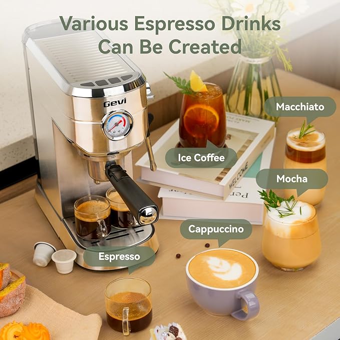 Gevi Espresso Machine 20 Bar with Portafilter for Nespresso Original Capsules and Coffee Powder, Professional Espresso Maker with Milk Frother for Cappuccino, Latte, Compact Espresso Coffee Machine
