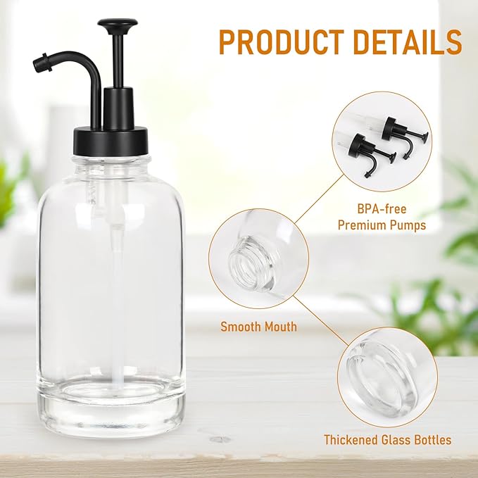 Coffee Syrup Dispenser 16.9 Oz 2 Pack, 500ml Glass Bottle with Black Plastic Pump for Coffee Bar, Includes 36 Stickers & Marker - Reusable Syrup Bottles