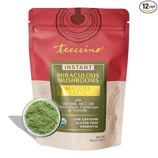Miraculous Mushrooms Instant Matcha Latte by Teeccino – 12 servings - Organic Matcha Latte with MCT Oil and Adaptogenic Mushrooms - Lion’s Mane, Cordyceps & Tremella – Antioxidants, Low Caffeine, Prebiotic - 8.9 ounces