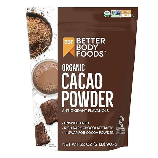 BetterBody Foods Organic Cacao Powder, Unsweetened, Rich Chocolate Flavor, Non-GMO, Gluten-Free, 32 Ounce, 2 lb bag