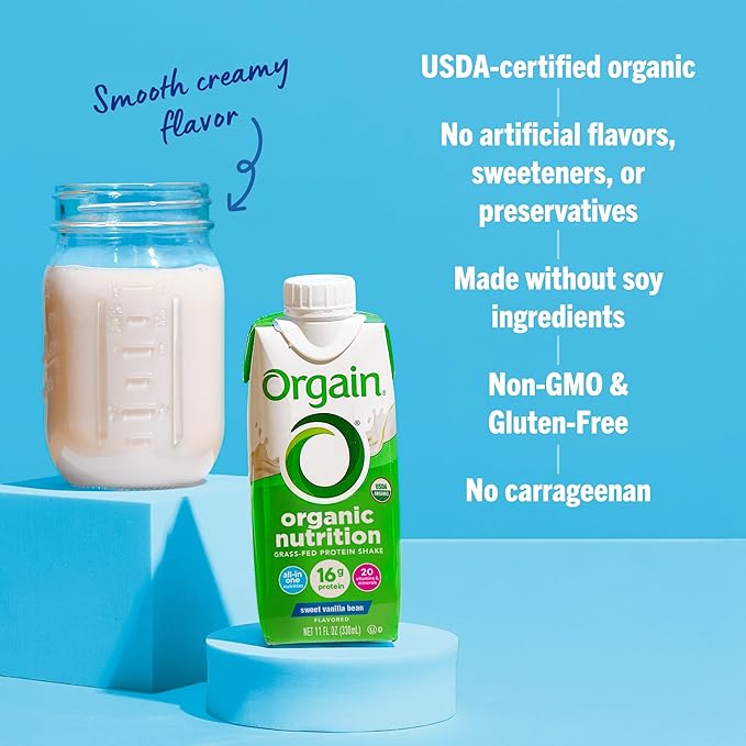 Orgain Organic Nutritional Shake, Vanilla Bean - Meal Replacement, 16g Protein, 20 Vitamins & Minerals, Gluten Free, Soy Free, Kosher, Non-GMO, 11 Ounce, 4 Count (Packaging May Vary)