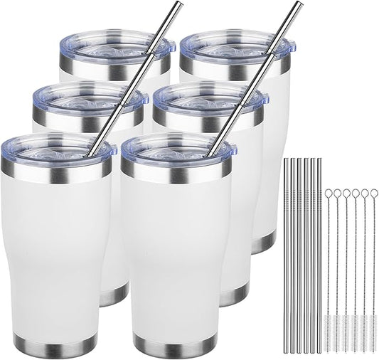 MEZMUT 20oz Coffee Tumbler with Lid and Straw Double Wall Vacuum Insulated Cup Stainless Steel Travel Mugs Insulated for Hot Cold Leakproof Powder Coated Tumbler for Indoor Outdoor(White, 6)