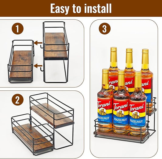 AUATRONNE 6 Bottle Capacity Coffee Syrup Rack Organizer, 2 Tier Coffee Syrup Stand Shelf, Storage Shelves for Coffee Bar, Small Wine Rack for Bar Family Storage for Syrup Wine Dressing