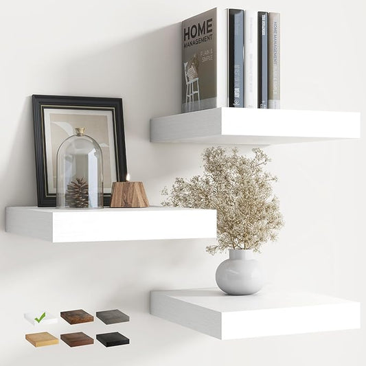 Floating Shelves for Wall with Invisible Brackets, Wall Mounted Engineered Wood Shelves with Wood Grain for Living Room, Bedroom, Bathroom, Kitchen Decor and Storage, Oak, 12"L Set of 3, White
