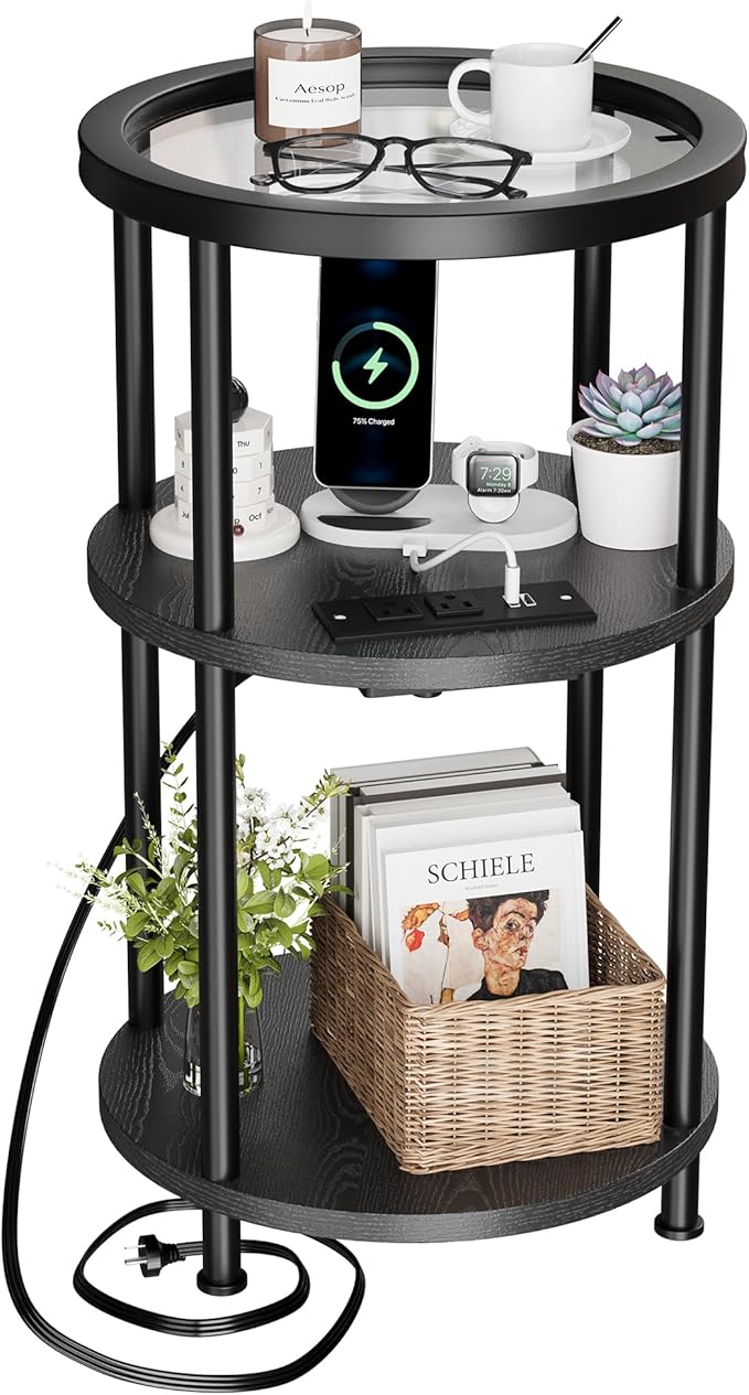 Homeiju Round Side Table with Glass Top, 3-Tier Glass End Table with USB Ports & Power Outlets, Bedside Table for Small Space for Living Room, Balcony, Bedroom, Black