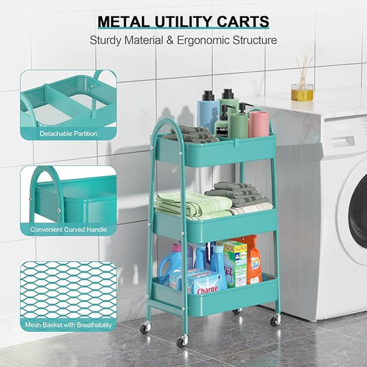EAGMAK 3 Tier Utility Rolling Cart, Metal Storage Cart with Handle and Lockable Wheels, Multifunctional Storage Organizer Trolley with Mesh Baskets for Kitchen, Living Room, Office, Garage (Turquoise)