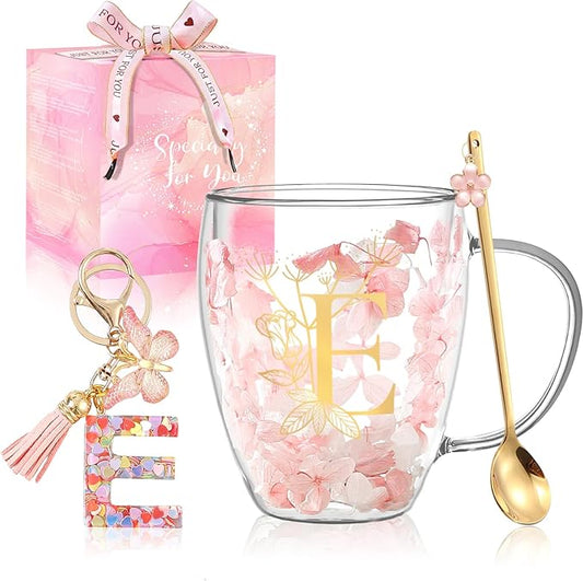 Personalized Gift for Women Double Wall Glass Flower Coffee Mug Tea cup Monogrammed Customized Birthday Valentine Mother's Day Christmas Gifts for Women Mom Wife Friends Sister Stocking Stuffers (E)