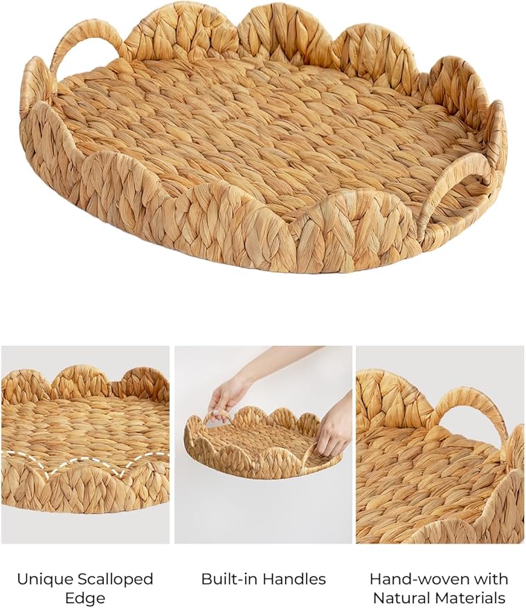 StorageWorks Elliptical Wicker Scalloped Tray, Rattan Serving Trays with Handles, Water Hyacinth Basket for Decorative & Organizing, 16.5" L x 13" W x 2.8" H