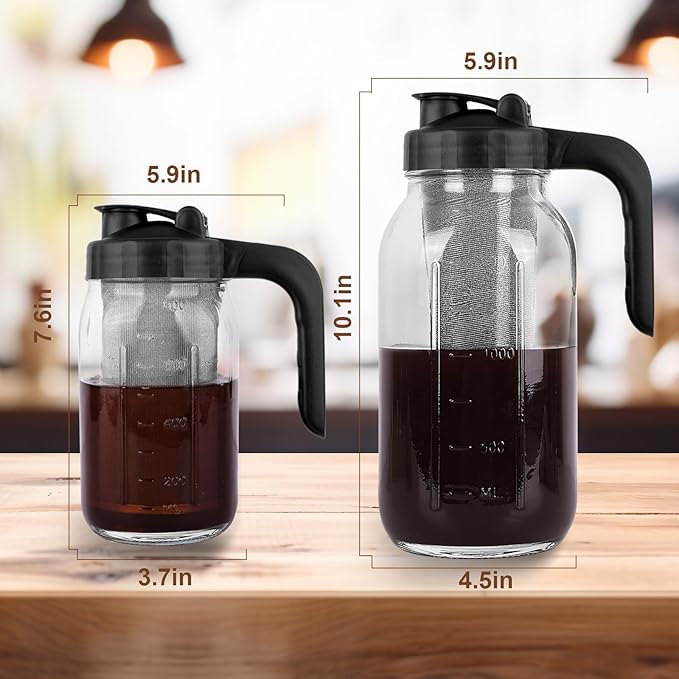 Cupluw Cold Brew Coffee Maker Pitcher,32 Oz Glass Mason Jar Pitcher with V-shaped Pour Spout Handle Lid,Stainless Steel Filter for Iced Coffee,Iced tea,Breast Milk,Fruit Drinks,lemonade-Black