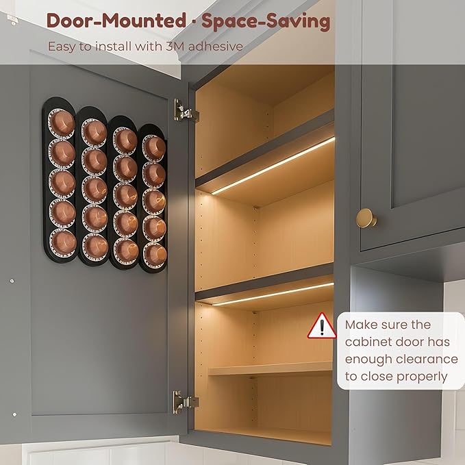 Bamboo Coffee Pod Holder, Adhesive Wall Mount (No Drilling) for Inside Cabinet Door, 20-Capsule Storage (Set of 4), Vertical & Horizontal, Compatible with Nespresso Vertuo Line-Black