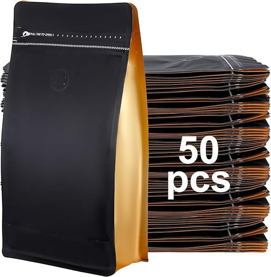 50 Pcs Coffee Bags With Valve Coffee Bags Coffees Beans Storage Bag Black High Barrier Foil Flat Bottom Reusable Heat Sealable Side Zipper Pouches for Home or Store 1 lb 500g