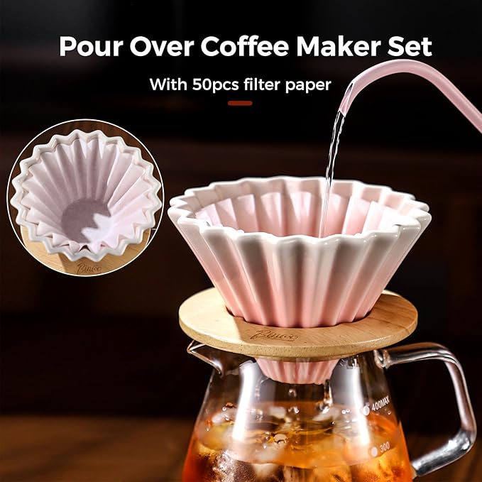 Bincoo 500ML Pour Over Coffee Maker Set with Filter Paper,Ceramic Coffee Dripper with Wood Stand Set for 1-2 Cups-Professional Brewing Tools for Pour Over & Drip for Home Office (Pink)
