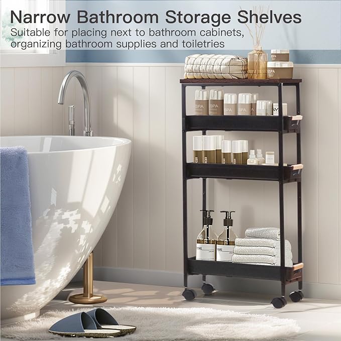 5 Tier Slim Rolling Storage Cart with Wood Top, Narrow Laundry Room Organizer for Tight Gaps, Metal Bathroom Gap Filler, Kitchen Pantry Trolley, Small Spaces (Black)