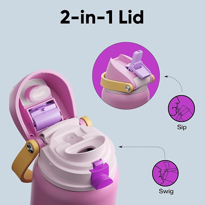 Insulated Water Bottle with Straw - Encool Stainless Steel Water Bottle with Push Button Lid, Leak-Proof & BPA-Free, Keeps Cold for 24 Hours for Sports, Travel, Gym (32 oz, Light Orchid-Fuchsia)