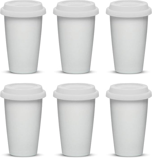 DISCOUNT PROMOS 11 oz. Double Wall Ceramic Tumblers with Lid - 6 Pack - White