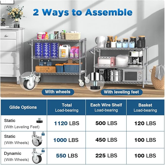 Leteuke Heavy Duty Rolling Utility Cart, 45 Inch Kitchen Carts with Wheels, NSF Commercial Grade with Handle & Shelf Liners, 1120LBS Storage Cart for Kitchen,Restaurant,Plant Display-Chrome