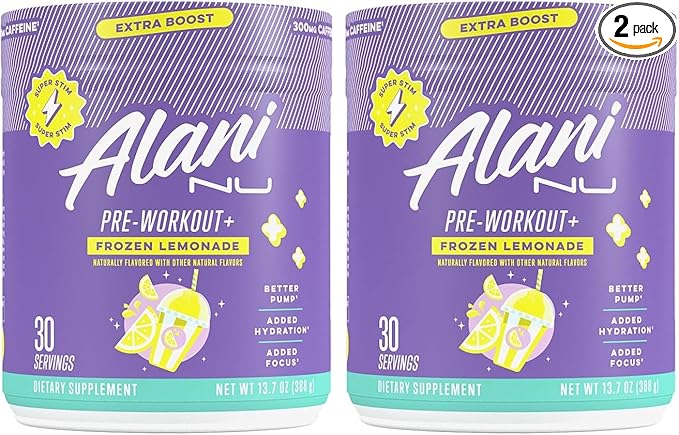 Alani Nu Pre Workout+ Powder Frozen Lemonade, Extra Boost, Sugar Free, 300mg Caffeine, L-Theanine, Beta-Alanine, Citrulline, 30 Servings, (Pack of 2)