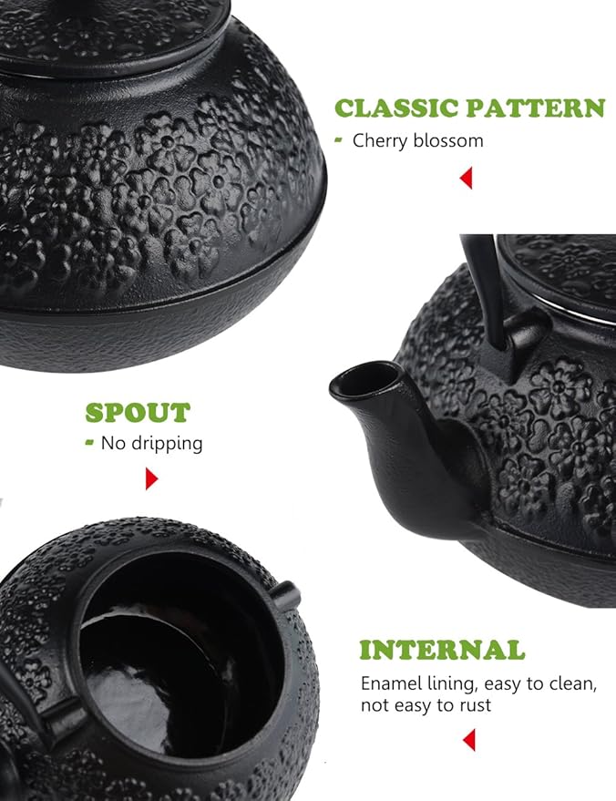 Sotya Cast Iron Teapot, 40oz/1200ml Japanese Tetsubin Tea Pot with Infuser for Loose Leaf and Tea Bags, Tea Kettle Coated with Enameled Interior for Stove Top, Black