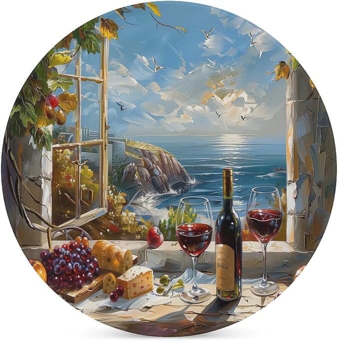 Round-6PCS Red Wine Drink Coasters, Round Modern Ceramic Absorbent Coasters, Oil Painting Style Red Wine Grapes Sea Scenery Decor Desk Coffee Table Coaster for Beverage Cup Tea Coasters