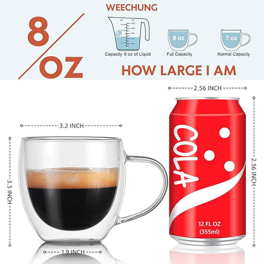8oz Espresso Cups,Double Wall Glass Coffee Mugs Set of 2,insulated glass coffee cups,glass mugs with handles,borosilicate glass mug for Cappuccino,Latte,Americano,Tea,8oz (2 Pack)