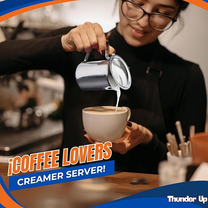 Thunder Up Creamer with Lid 10 Oz (2 pcs), Coffee Creamer Container, Small Stainless Steel Milk Pitcher, Coffee Cream Dispenser, Creamer Pitcher with Lid, Silver