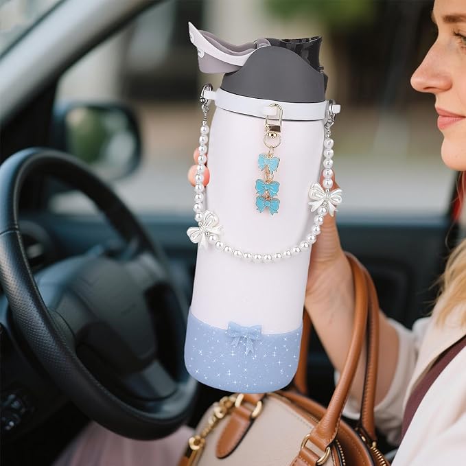 Water Bottle Accessories Set for Owala FreeSip 24oz、32 oz– Includes Pearl Handle Strap, Bow Charms,2.9in .3inch Silicone Bling Boot for Owala Accessories for Women