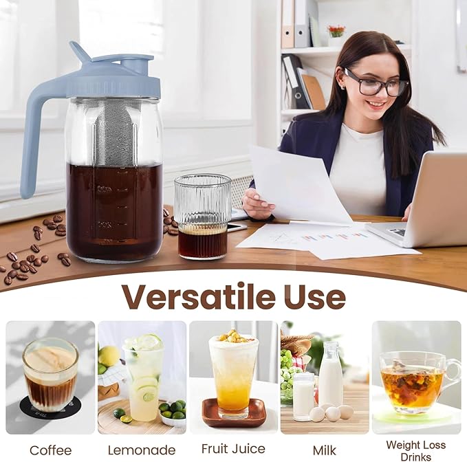QHH Cold Brew Coffee Maker,32 oz Mason Jar Pitcher with Stainless Steel Filter, Pour Spout Handle Lid, Heavy Duty Glass Airtight & Leak-Proof Pitcher for iced coffee Tea Lemonade-Gray