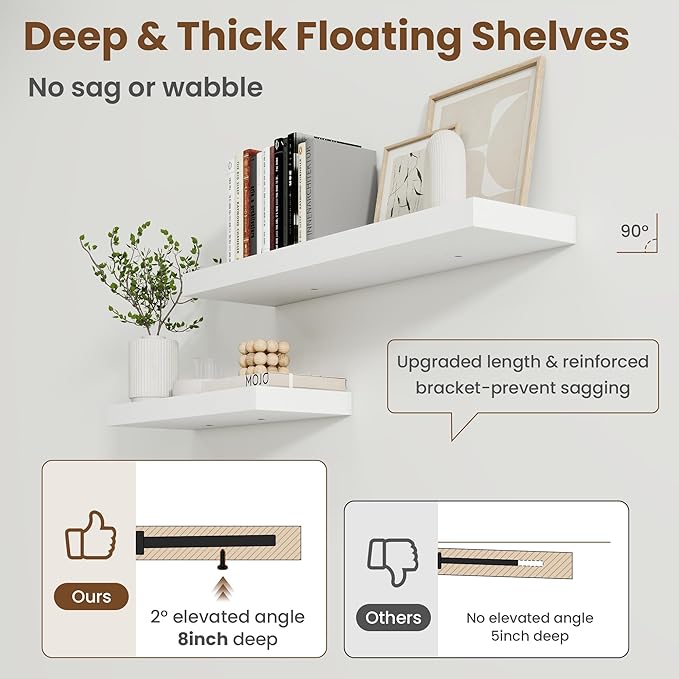 72 Inch Floating Shelves for Wall, 8 Inch Deep Floating Shelf for Storage & Display, Rustic Wall Mounted Shelf with Invisible Brackets for Living Room, Kitchen, Bathroom, Home Decor, Set of 2, White
