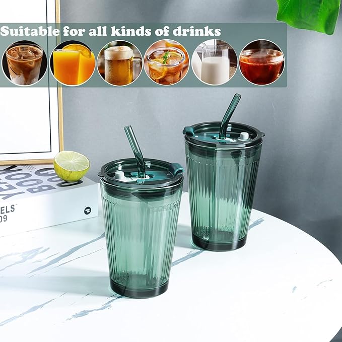 Joeyan Glass Tumbler with Straw and Lid,Green Glasses Water Cup with Straw,Colored Glass Drinking Jars for Juice Beverages Iced Coffee Tea Smoothie Soda Milk,15 oz,Set of 2,Dishwasher Safe