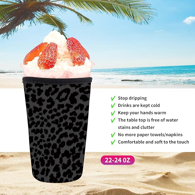 Reusable Neoprene Insulator Sleeve for Iced Coffee Cold Soda Cups, Cute Durable Drink Sleeve for Cold Beverages, Medium 22-28oz Cup Sleeve Luxuious Black Leopard