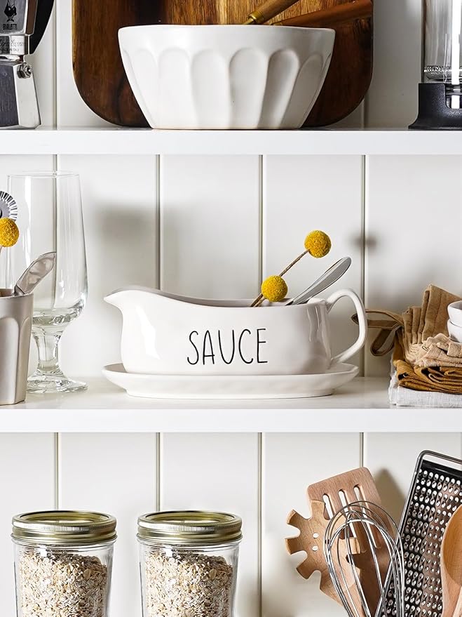 LE TAUCI Gravy Boat with Saucer Stand 16oz, Ceramic Sauce Boat with Tray for Salad Dressings, Creamer, Broth, Black Pepper, Set of 1, Oyster White