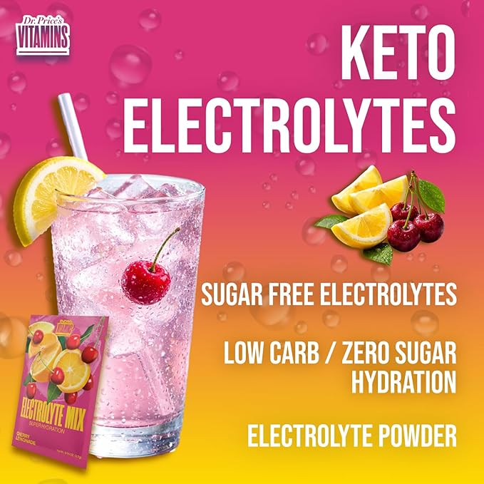 Dr. Price’s Electrolytes Hydration Powder Packets – Cherry Lemonade, 30 Packs | Sugar Free Electrolyte Drink Mix, 72+ Trace Minerals, Manganese | Keto, Vegan, Doctor-Formulated, Made in USA