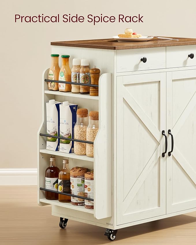 VASAGLE Mobile Kitchen Island, Portable Island with Spice Rack, Mobile Cart with Storage Cabinet, 17.7 x 36.5 x 36 Inches, for Dining Room, Rustic White and Honey Brown UKKI008W01