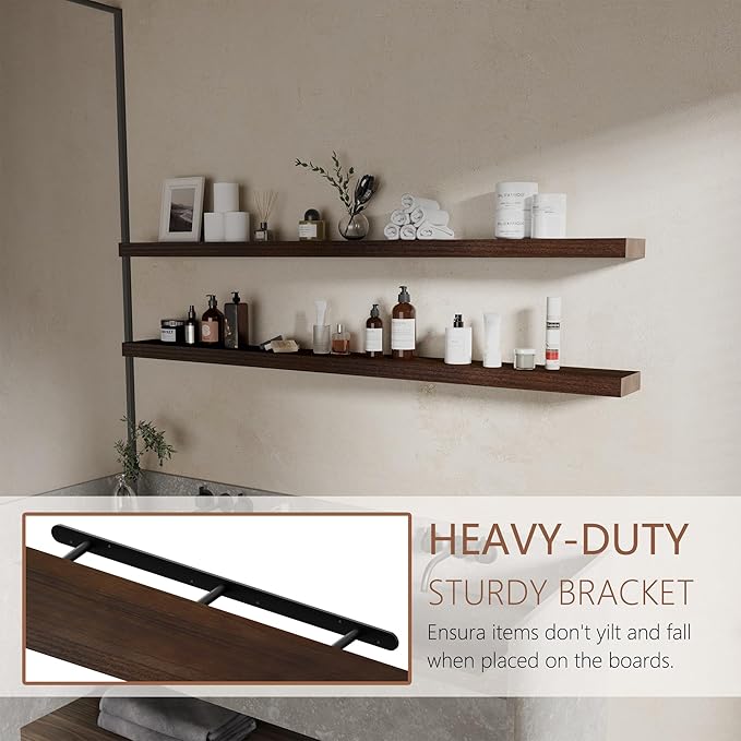 60 inch Long Floating Shelves for Wall,Solid Wood Long Shelves Set of 2,Walnut Rustic Mounted Shelves for Bathroom Bedroom Laundry Room (Walnut, 60 Inch)