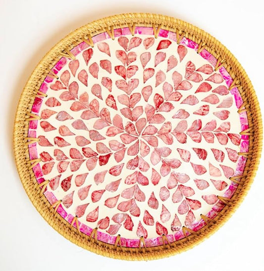 Magenta & Teal Round Rattan Serving Tray with Mother of Pearl Inlay, Wicker Coffee Table Decor, Farmhouse Style (Pink Flower)