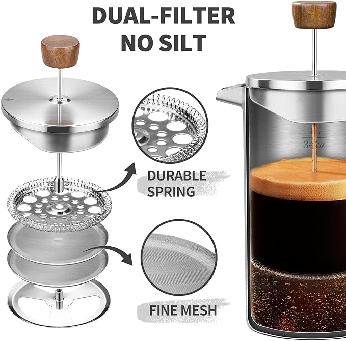 shoxil French Press Coffee Maker, 34oz Stainless Steel Coffee Press Real Wood Handle, Double Wall Insulated French Coffee Press with Dual-Filter Screen, Perfect for Camping & Kitchen Use