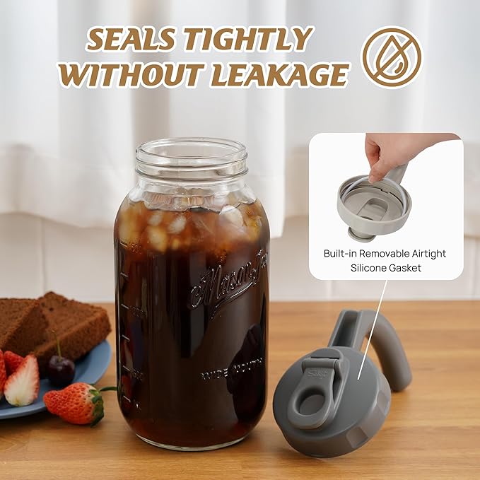 Soligt Glass Mason Jar Pitcher with Lid, Wide Mouth Flip Cap Pour Spout Leak-proof Lid with Handle, 64 oz/2 Quart, for Iced Coffee/Sun Tea Juice/Cold Brew/Milk (2 Pack, Dark Gray + Light Gray)