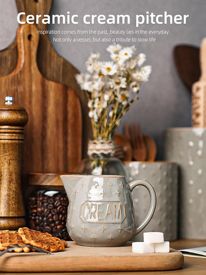 Creamer Pitcher,10 OZ Ceramic Creamer Pitcher with Handle for Milk, Sauces, Salad, Coffee, Farmhouse Kitchen Decor, Microwave & Freezer Safe (Vintage Grey)