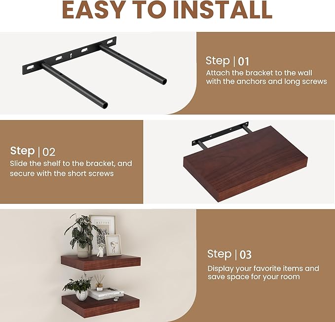 Floating Shelves for Wall, Real Wood Floating Shelf Set of 2, 8 Inch Deep Floating Shelves, Rustic Wood Wall Shelf for Home Decor, Deep Storage Shelves for Bathroom, Kitchen, 16"W x 8"D, Red Brown