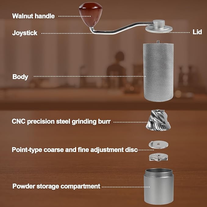 Manual Coffee Grinder Non-Detachable Stainless Steel Conical Burr Aluminum Coffee Bean Grinder with 25 Grinding Settings Cleaning Brush Grindable Espresso Moka Pot French Press for Camping Silver