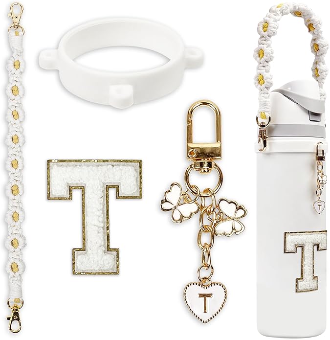 Compatible with Owala Water Bottle Accessories, Cute Letter Charm Set with Boho Handle Strap, Monogram Sticker, Silicone Ring, Keychain Decoration, for FreeSip 24 32 40oz, Owala Kids, Tumbler Gift