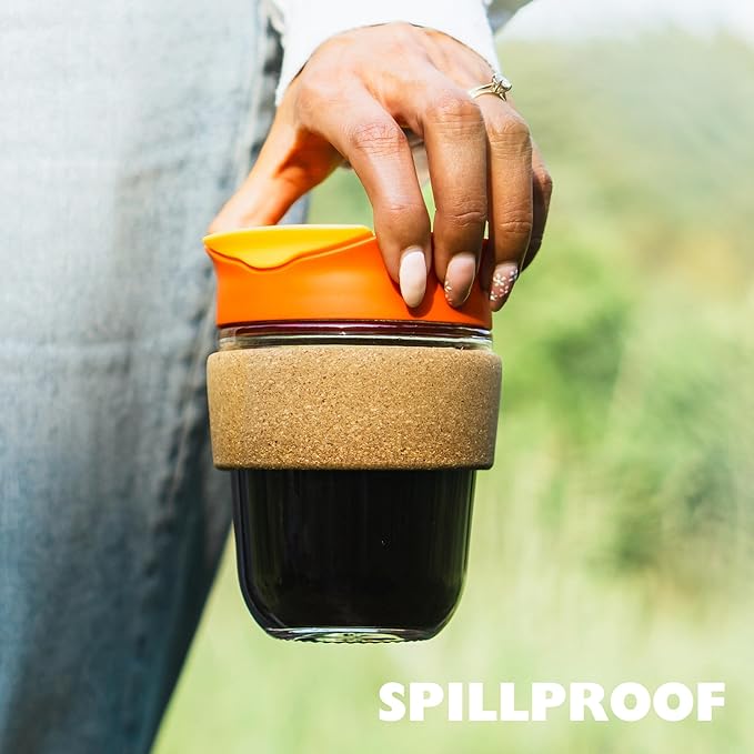 Reusable Strengthened Glass Travel Cup - Spill Proof Insulated Coffee Mug - 12oz/340ml BPA-Free Hot Drink Travel Mug with Lid & Cork Band (Gray and Pink, 12oz)