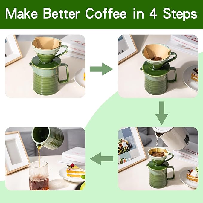 Topadorn Pour Over Coffee Maker Set, 13 Oz Ceramic Coffee Maker & Pour Over Coffee Dripper, Reusable Drip Coffee Maker for Café Restaurant Home Camping, Green