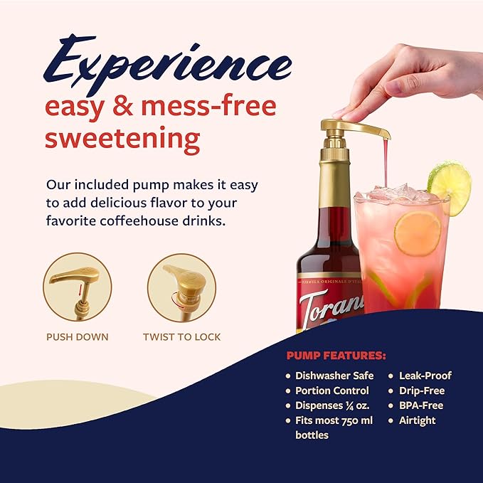 Torani Pomegranate Syrup for Drinks, Flavoring for Iced Tea, Lemonade, Sodas, and Cocktails, Glass Bottle with Pump Included, 25.4 Fl Oz